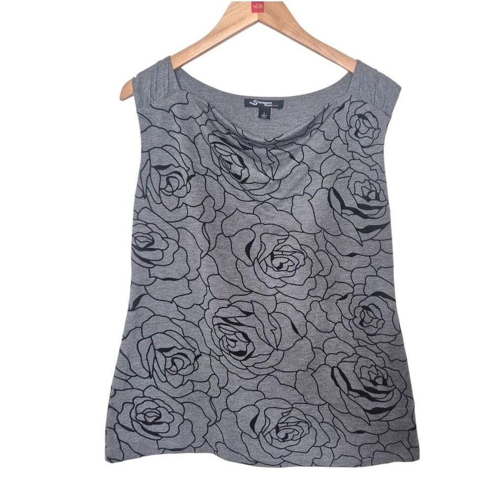 Sharagano Studio Grey Black Rose Patterned Sleeveless Top Size Large